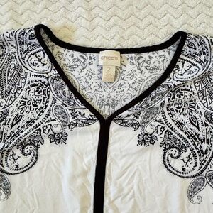 Chico’s Margo Paisley Black-and-White Tunic Top, Size 2, Summer/Spring, L-12/14